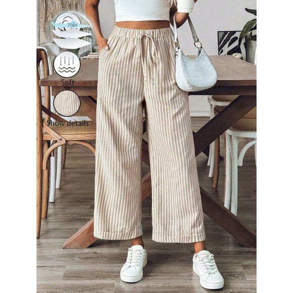 Wide leg striped boho pants drawstring tie waist white tan - Picture 1 of 4